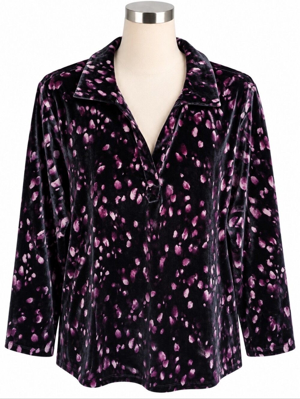 Cato Womens Velvet Blouse Top 22W 24W Plus Size Black Purple Abstract V-Neck NWT